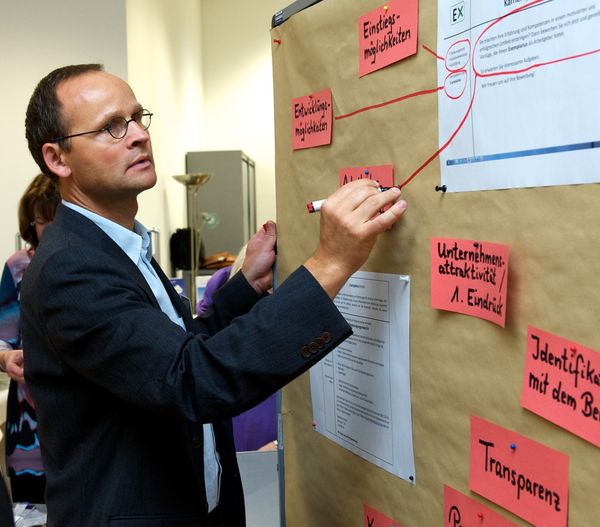 Jens Riepel moderiert einen Workshop an der Pinnwand